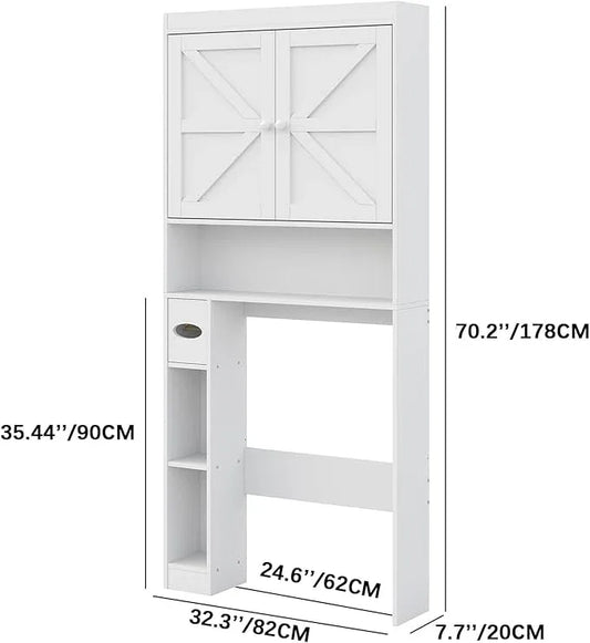 Furnideco Over The Toilet Storage Cabinet with Barn Doors, 32.3''W Free Standing Toilet Storage Shelf Space Saver with Adjustable Bottom Bar, White - ModernBath