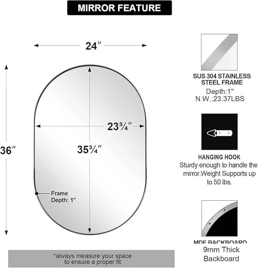 ANDY STAR Brushed Nickel Oval Bathroom Mirror, 24x36 Nickel Pill-Shaped Mirror, Oval Mirrors Wall-Mounted Mirror Vertical/Horizontal - ModernBath