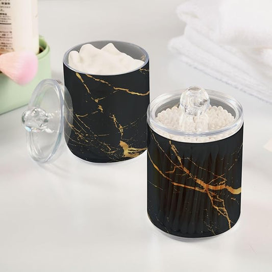 BOENLE 2 Pack Qtip Holder Organizer Dispenser Gold Black Marble Texture Bathroom Storage Canister Cotton Ball Holder Container for Cotton Pads/Swabs/Floss