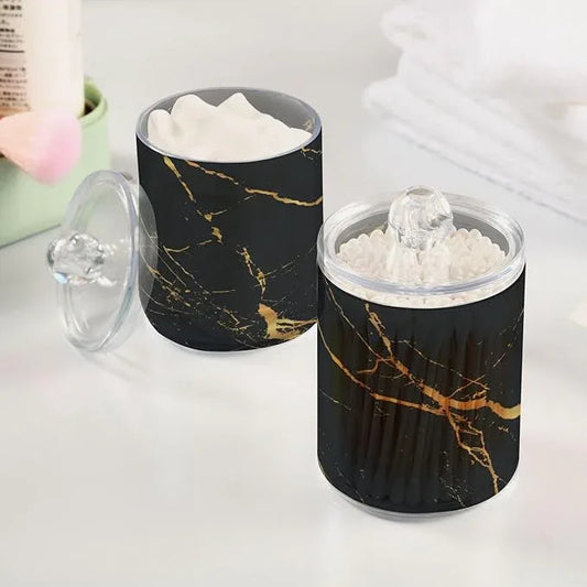 BOENLE 2 Pack Qtip Holder Organizer Dispenser Gold Black Marble Texture Bathroom Storage Canister Cotton Ball Holder Container for Cotton Pads/Swabs/Floss - ModernBath