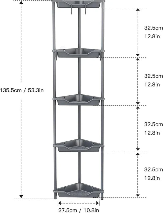 Orimade Rustproof 5 Tier Floor Standing Corner Shower Caddy Organizer, Plastic Metal Splicing Floor Corner Shelf Rack Stands for Bathroom, Grey - ModernBath