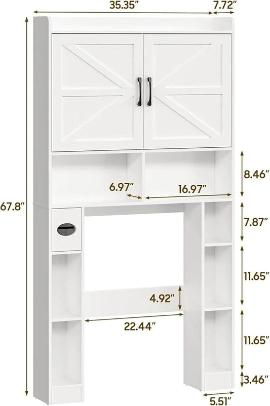 Over The Toilet Storage Cabinet, Farmhouse Toilet Cabinet Rack with Barn Doors, Space Saving Bathroom Organizer with Shelves, Toilet Paper Holder and Towel Rack for Bathroom,Restroom,Laundry(White) - ModernBath