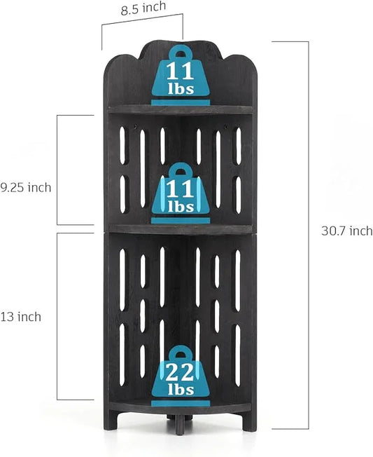 Meangood Bathroom Corner Shelf Stand, 3 Tier Solid Wood Display Shelf for Narrow Space, Shower Corner Shelf, Plant Stand Nightstand, for Living Room, Bedroom, Home Office, Elegant Black - ModernBath