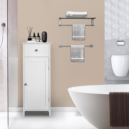 COSTWAY Bathroom Storage Cabinet, Single Door Floor Cabinet with Drawer and 3-Level Adjustable Shelves, Modern Side Storage Organizer with Anti-Tipping Device for Living Room, Bedroom (White)