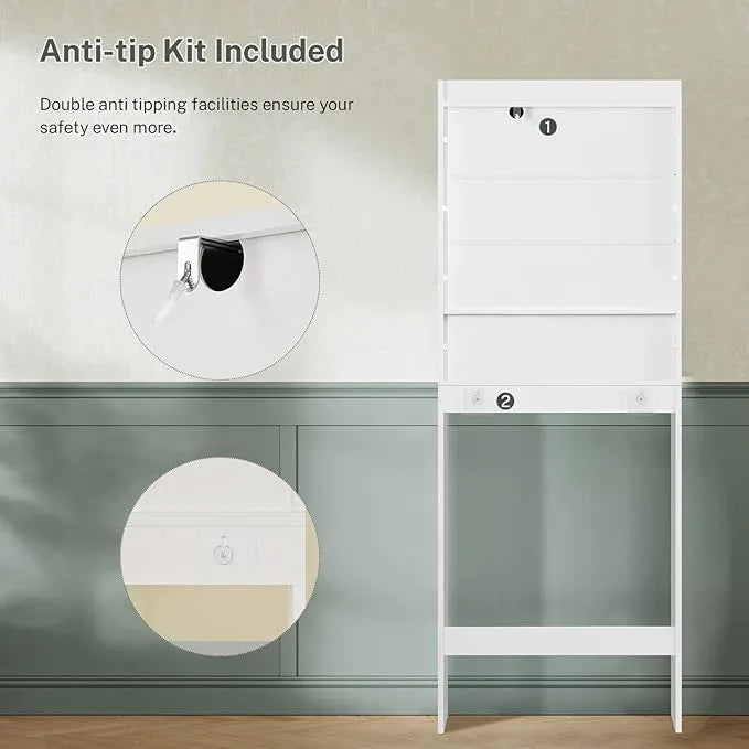 TEENFON Over The Toilet Storage Cabinet with 4 Open Shelves and Adjustable Shelf, Extra Tall Bathroom Organizer Unit with 2 Barn Doors, Home Space Saver for Bathroom, Laundry Room, White - ModernBath