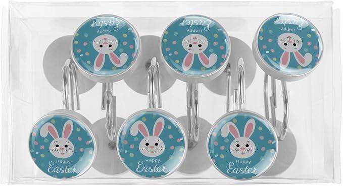 Easter Cute Bunny Rabbit Crystal Glass Shower Curtain Hooks for Bathroom Shower Rod, 12Pcs Round Home Decorative Shower Curtain Rings, Blue Bathroom Bedroom Living Room Accessories - ModernBath