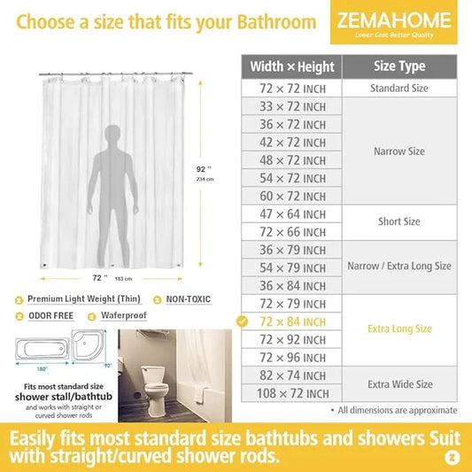 ZEMAHOME Extra Long Clear Plastic Shower Curtain Liner - Lightweight 72" x 84" Transparent Bathroom Shower Showroom Curtain Liner with Rustproof Metal Gromments and Weighted Magnet - ModernBath