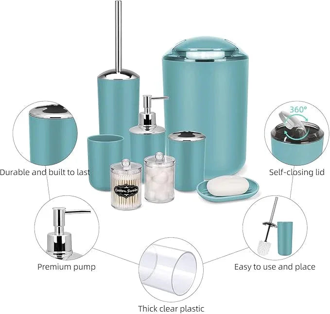 IMAVO Bathroom Accessories Set,Blue Bathroom Set,9 Pieces Bathroom Accessory Set,Tray,Qtip Holders,Toilet Brush,Trash Can for Bathroom Décor and Home Gifts - ModernBath