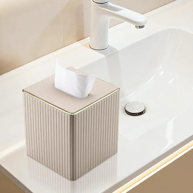 KINGFOM Square Tissue Box Cover, PU Leather Tissue Box Holder for Kleenexs with Magnetic Bottom Cover for Facial Tissues/Napkins, Office & Living Room Decor Box Beige - ModernBath