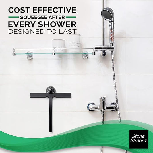 Original StoneStream Stainless Steel Shower Squeegee - Premium Quality Bathroom Squeegee with Non-Slip Handle and 2 Holders for Quick and Easy Cleaning of Glass, Tile, and Mirrors - Matte Black