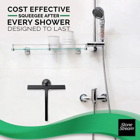 Original StoneStream Stainless Steel Shower Squeegee - Premium Quality Bathroom Squeegee with Non-Slip Handle and 2 Holders for Quick and Easy Cleaning of Glass, Tile, and Mirrors - Matte Black - ModernBath
