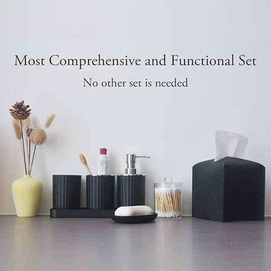 Bathroom Accessory Set - 10 Piece Black Bathroom Accessories Set with Trash Can, Toothbrush Holder and Cup, Soap Dispenser, Soap Dish, Toilet Brush Holder, Vanity Tray, Qtip Holder, Tissue Box Cover - ModernBath