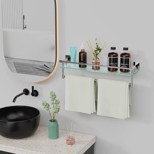 24 Inches Floating Glass Shelves for Wall with Towel Bar/Track, SUS 304 Stainless Steel Railing Tempered Glass Shelf, for Toilet, Room Decor Modern (Chrome Polished, 24-inch) - ModernBath
