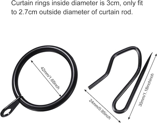Hotop 30 Pcs Metal Drapery Curtain Rings 0.98/1.26/1.65 inch Interior Diameter and 30 Pcs Hanging Curtain Drapery Pin Hooks for Window Door Shower(Black,42 mm)