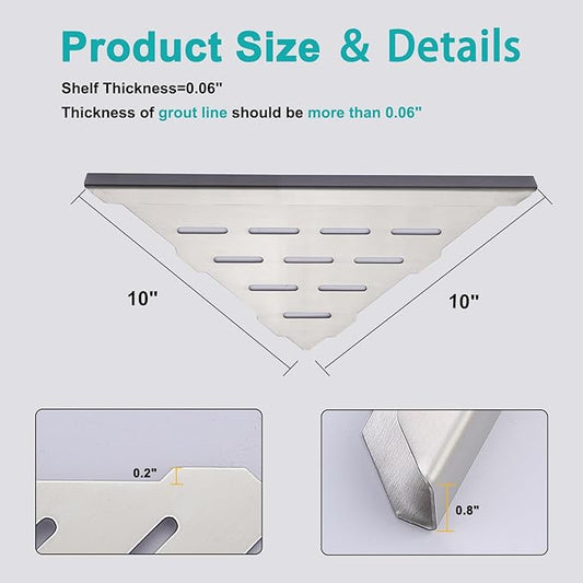 10" Corner Shower Shelf, 2-Pack Bathroom Shelves for Tile Walls, SUS304 Stainless Steel Recessed Shower Shelf, Grout in Corner Organizer Shelves, Brushed Silver