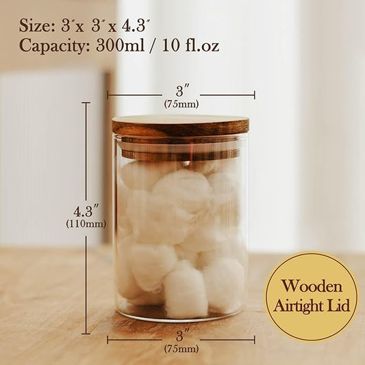 Labina Qtip Holder Glass Bathroom Organizer Storage Canisters with Wooden Lid, 10oz Jar for Cotton Balls Swabs Dispenser and Bathroom Essentials