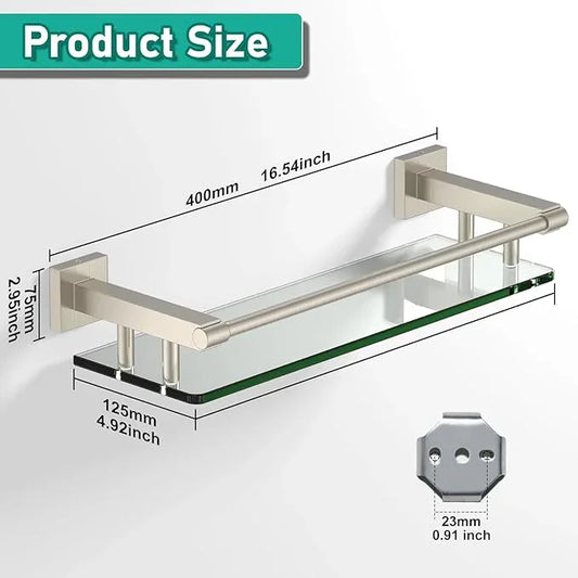 Glass Shelves for Bathroom, 16IN Brushed Nickel Bathroom Shelves for Wall Rectangular Stainless Steel Tempered Glass Modern use for Shelf Sink Over Toilet - ModernBath