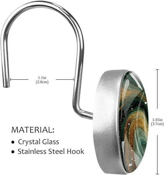 Green Marble Shower Curtain Hooks, 12Pcs Decorative Rust Resistant Shower Rings for Shower Curtain Rods, Stainless Steel Round Curtain Hooks for Bathroom, Bedroom, Farmhouse - ModernBath