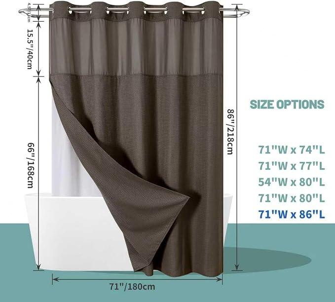 eachope Brown Extra Long No Hook Waffle Weave Shower Curtain with snap-in Liner Replacement, 230GSM Waterproof Fabric Hotel Shower Curtain Set for Bathroom, Through Mesh Top Window,71Wx86H - ModernBath