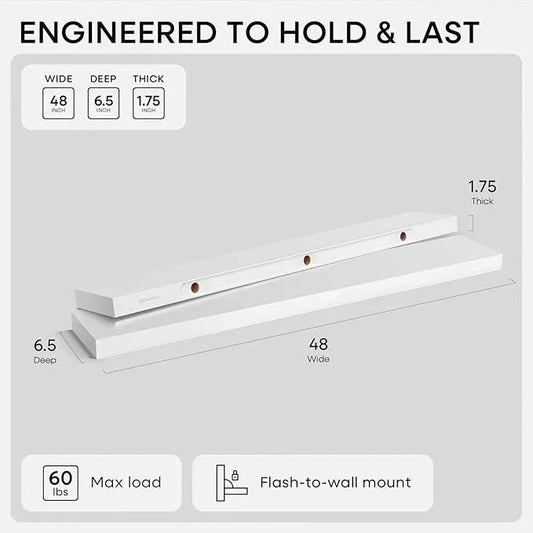 Homeforia White Floating Shelf 48 inches, High End Solid Real Wood 48inch Long Floating Shelves for Wall Mounted, White Wooden 48in Floating Shelves, Heavy Duty Bracket, 48 X 6.5 X 1.75 inch, Set of 3 - ModernBath