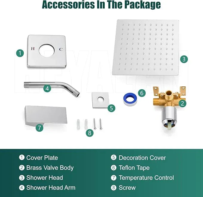 Heyalan 8 Inch Shower Head and Handle Set Square Shower Faucet Set Bathroom Rainfall Shower Faucet Set Stainless Steel Showerhead Single Function Shower Trim Kit,Male Thread Valve,Polished Chrome - ModernBath