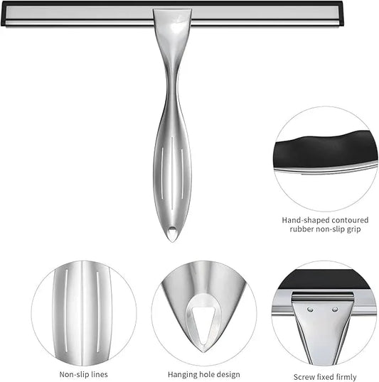 Shower Squeegee Set, 10-Inch Stainless Steel Squeegee for Bathroom, Shower Doors, Mirrors, Tiles, and Car Windows - 100% Streak Free, Includes Shower Door Hook, Adhesive Hook and Spare Silicone Blade - ModernBath