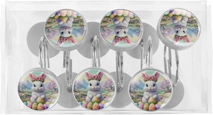 Bunny Rabbit and Easter Eggs Shower Curtain Hooks 12Pcs, Decorative Rust Resistant Shower Rings for Shower Curtain Rods, Stainless Steel Round Curtain Hooks for Bathroom, Bedroom, Farmhouse - ModernBath