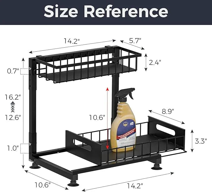 Under Sink Organizer for Kitchen and Bathroom, 2 Pack 2 Tier Pull Out Storage Rack - Height Adjustable Heavy Duty Metal Basket with High Capacity & Safety Stopper, Rustproof for Cleaning Supplies - ModernBath