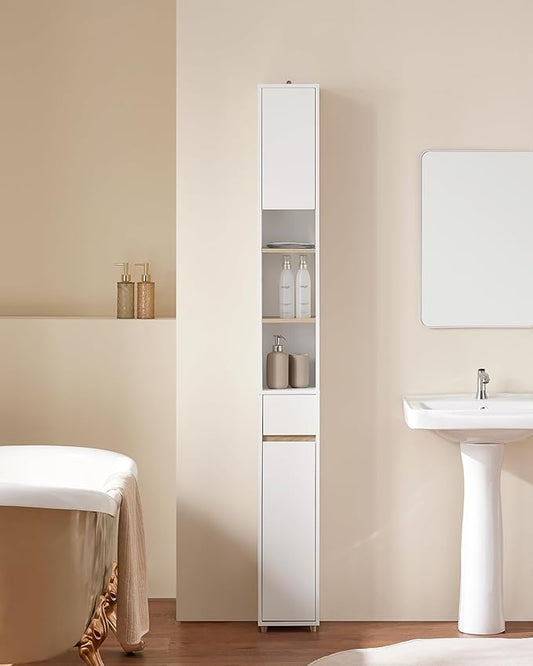 SoBuy Bathroom Narrow Storage Cabinet Skinny Tall Unit with Adjustable Shelves Slender Anti-Tipping Floor Standing Cupboard, White & Natural BZR34-WN