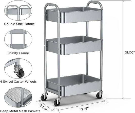 MAX Houser 3-Tier Rolling Utility Cart with Caster Wheels,Easy Assembly, for Kitchen, Bathroom (Silvery-Grey) - ModernBath