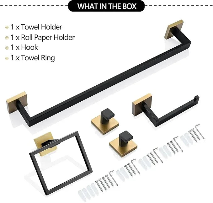 TNOMS 5 Pieces Bathroom Hardware Accessories Set Black and Gold Towel Bar Set,Wall Mounted Stainless Steel,23.6 Inch - ModernBath