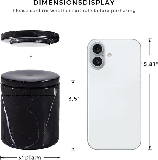 Black Marble Canister, Natural Otip Holder Dispenser with Lid, 3 x 3.5 Inch Cylinder Canister, High Capacity Bathroom Qtip Holder Storage for Cotton Swab, Floss Picks, Makeup Pad (Small)