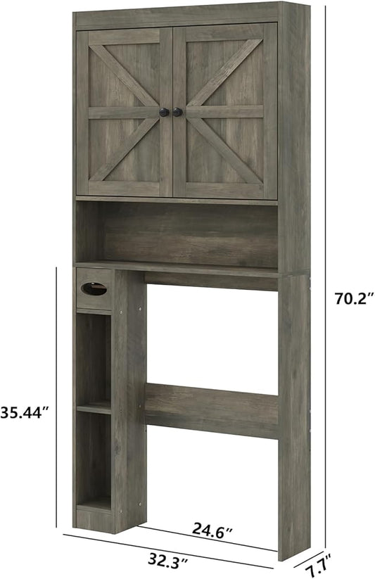 Furnideco 32.3''W Over The Toilet Storage Cabinet with Barn Doors, Over Toilet Shelf Farmhouse Storage Cabinet Space Saver with Toilet Paper Holder & Adjustable Bottom Bar, Gray