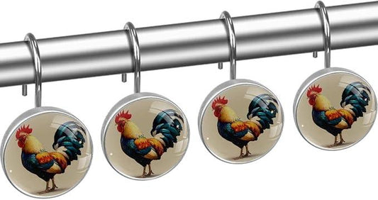 Modern Rooster Shower Curtain Hooks Rings, Stainless Steel Rust Proof Shower Curtain Hooks, Decorative Shower Hooks for Bathroom Shower Rods Curtains, Set of 12 - ModernBath