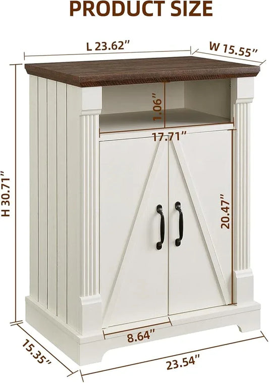24" Farmhouse Storage Cabinet with Barn Doors, Antique White Freestanding Sideboard Buffet with Adjustable Shelf, Pantry Hutch Coffee Bar for Kitchen Bathroom Living Room - Small Floor Cabinet - ModernBath