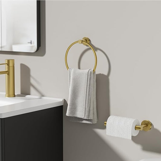 Toilet Paper Holder and Towel Ring Set 2PCS Wall Mount, Brushed Gold Bathroom Hardware Set, Stainless Steel Hand Towel Holder Toilet Paper Roll Holder Set, Bathroom Accessories for Bathroom Kitchen