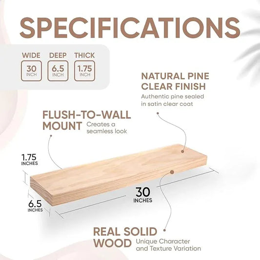 Homeforia 30 inch Natural Floating Shelf, High End Solid Real Wood 30inch Small Floating Shelves for Wall Mounted, Natural Wooden Floating Shelves, Heavy Duty Bracket, 30 X 6.5 X 1.75 in, Set of 2 - ModernBath