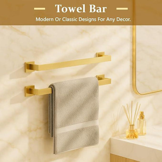INDARE 5-Piece Bathroom Hardware Set, Brushed Gold Bathroom Accessories 304 Stainless Steel, Including 23.8 inch Bath Towel Bar*2, Double Towel Hook, Toilet Paper Holder, and Towel Ring - ModernBath