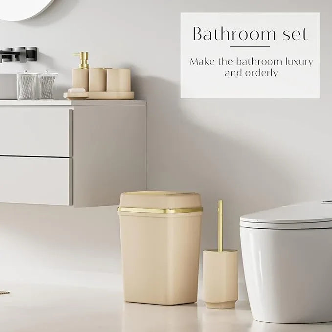 9PCS Bathroom Accessory Set, Beige Bathroom Set with Large-Capacity 4 Gallon Trash Can, Bathroom Accessories Set Complete, Toothbrush Holder, Soap Dispenser, Toilet Brush, Bathroom Decor - ModernBath