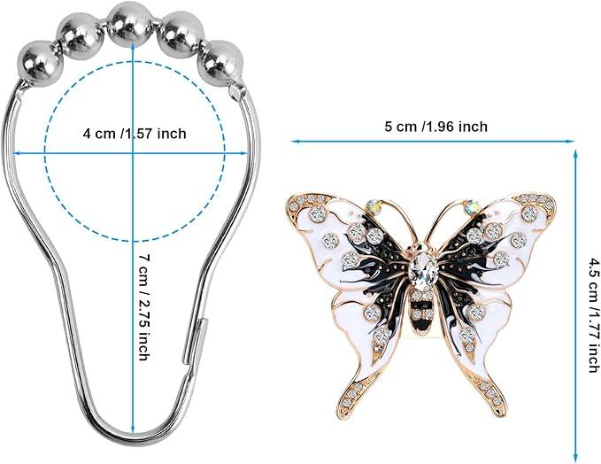 Elerslodia Butterfly Decorative Shower Curtain Hooks,Black and White,12 Pieces,Roller Ball, Stainless Steel,Insect Decor,Shower Rings,Bathroom Set,Rustproof,Home Living & Bathroom Decor,Gift - ModernBath