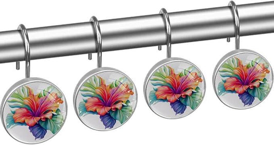 FVQL Shower Curtain Hooks Decorative, Flower Hibiscus and Leaf, Set of 12 - ModernBath