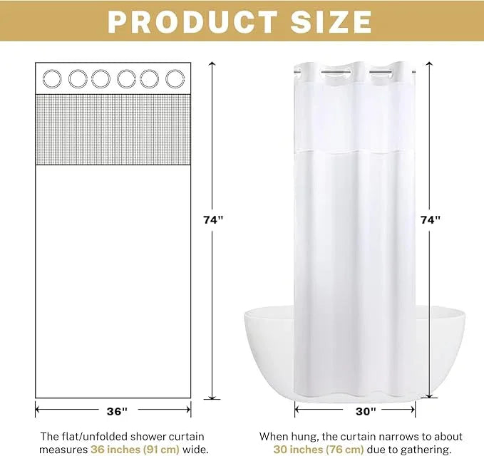 WONICY No Hook Small Shower Curtain with Snap in Liner, Polyester Textured Shower Curtain with Liner Set, Waterproof Washable Short Shower Curtains for Stall, 36Wx74H, White - ModernBath