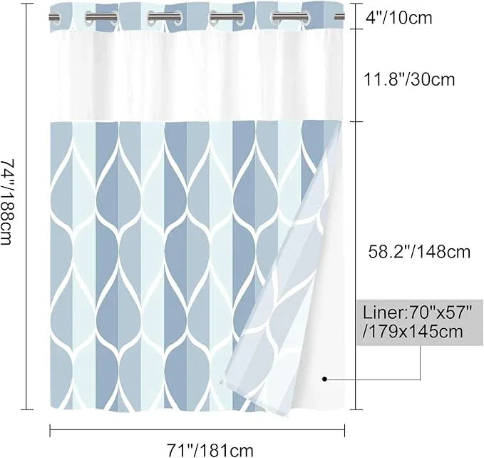 Yiatn No Hook Dark Blue Double Shower Curtain with Snap in Fabric Liner Set - Hotel Style with See Through Mesh Top Window, Modern Geometric Waterdrop Design,Waterproof and Washable, 71x74 INCH - ModernBath