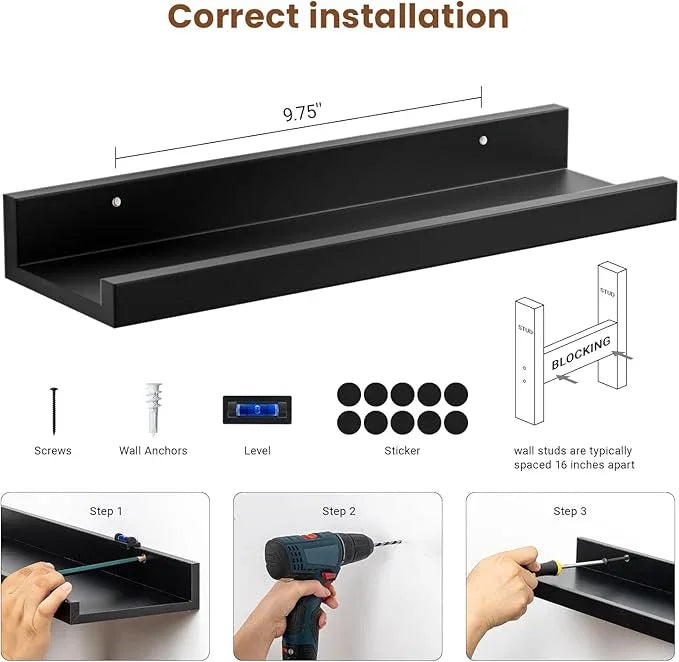 Heimlove Floating Shelves Set of 6, 16" Wall Mounted Picture Ledge, Display Shelf Organizer for Decor Storage, Wall Mounted Shelves for Living Room, Bedroom, Bathroom, Kitchen (Black) - ModernBath