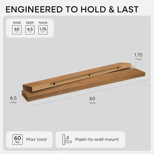 Homeforia 60 inch Golden Oak Floating Shelf, High End Solid Real Wood 60inch Small Floating Shelves for Wall Mounted, Oak Wooden 60in Floating Shelves, Heavy Duty Bracket, 60 X 6.5 X 1.75 in, Set of 2 - ModernBath