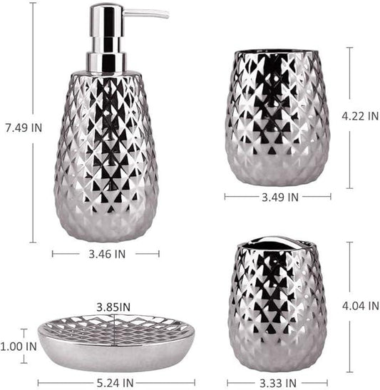 Silver Bathroom Accessories Set, Moroccan Trellis Bathroom Ensemble Complete Sets for Bath Decor Includes Soap Dispenser Pump, Toothbrush Holder, Tumbler, Soap Dish, Ideas Home Gift - ModernBath