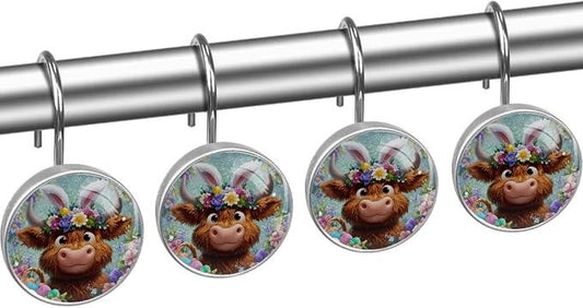 Easter Highland Cows and Florals Shower Curtain Hooks 12Pcs, Decorative Rust Resistant Shower Rings for Shower Curtain Rods, Stainless Steel Round Curtain Hooks for Bathroom, Bedroom, Farmhouse - ModernBath