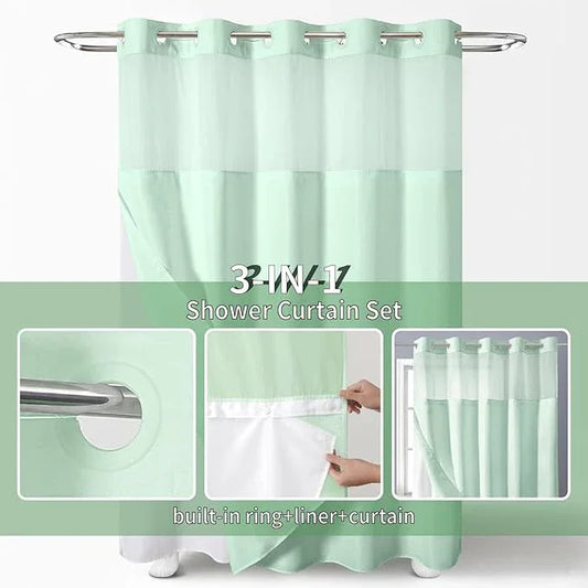 eachope Mint Green No Hook Shower Curtain with Snap-in Fabric Liner Set,Slub Textured Fabric Shower Curtains for Bathroom,Hotel Style Modern Shower Curtain,Water Repellent & Washable,71x74(72) - ModernBath