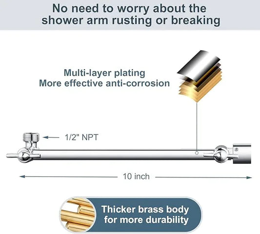 BRIGHT SHOWERS Brass Shower Head Extension Arm for Rain and Handheld Shower Head, 10 Inch Universal Shower Arm Extender, Height & Angle Adjustable, Chrome - ModernBath