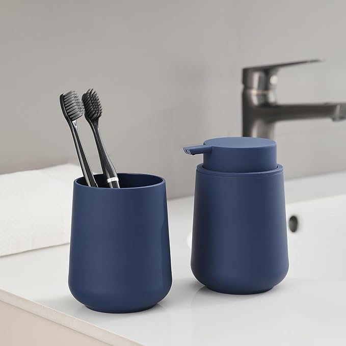 YAUKPH Matte Navy Blue Bathroom Accessories 2 Piece Set Plastic Soap Dispenser and Toothbrush Holder for Modern Bathroom Decor